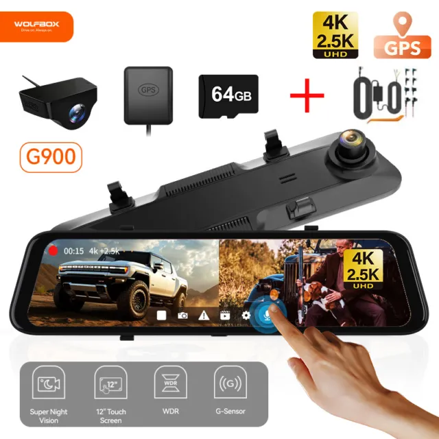 WOLFBOX Mirror Dash Camera 4K Dash Cam with Hardwire Kit & Free 64G SD Card