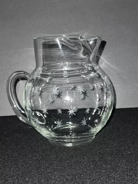 VTG Glass Mid Century Atomic Starburst Etched Glass Ball Bar Pitcher w/ Ice Lip