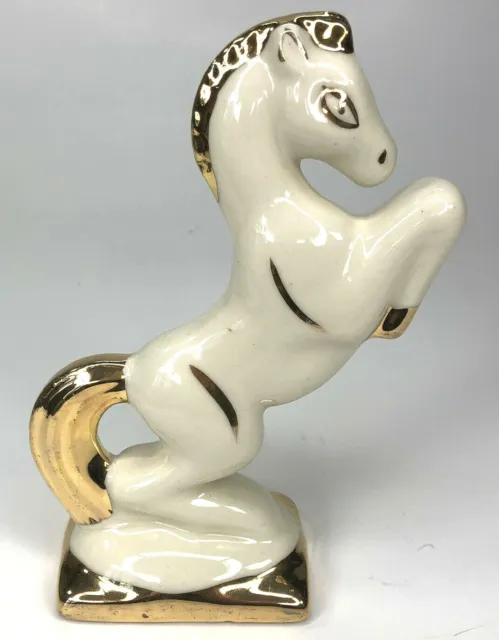 Vintage Horse Figurine On Hind Legs Porcelain White Gold Gilt Hand Painted 6" T