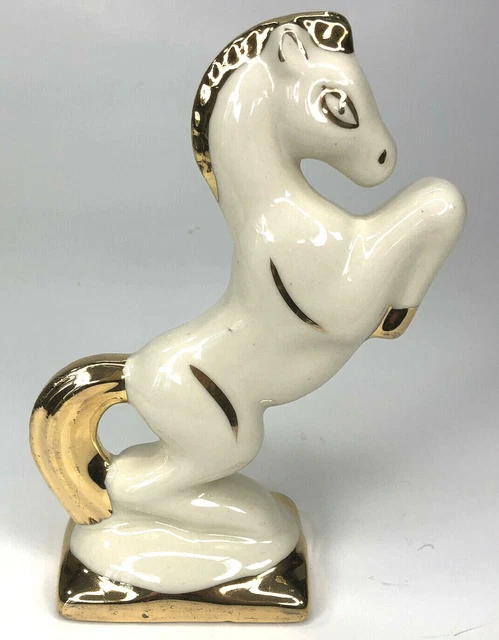 Vintage Horse Figurine On Hind Legs Porcelain White Gold Gilt Hand Painted 6" T