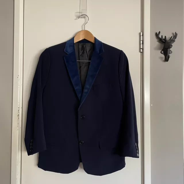 Boys Teens Navy Blue Suit Jacket Velvet Lapel Size 34 see exact measurements 2