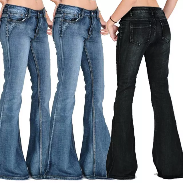 Women Destoryed Flare Jeans Button Waist Bell Bottom Denim Pants