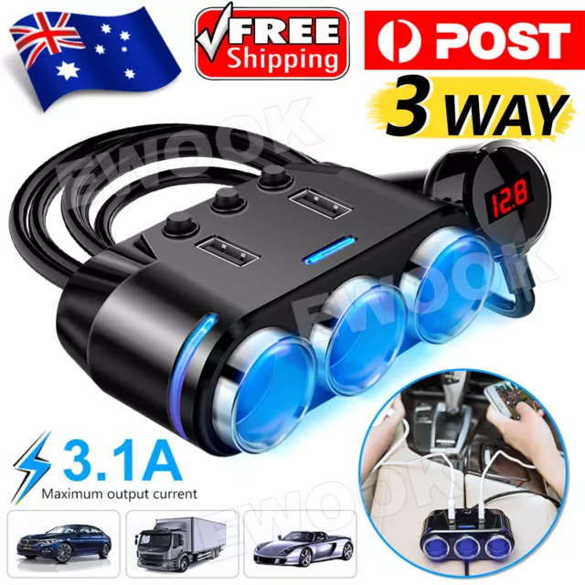 12V 3 Way Multi Car Cigarette Lighter Socket Splitter Adapter Dual USB Charger