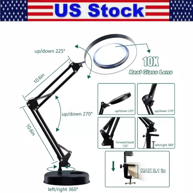 Magnifier LED Lamp 10x Magnifying Glass Desk Light Reading Lamp With Base& Clamp