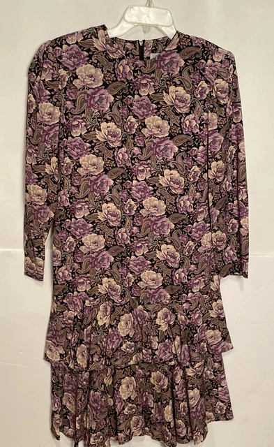 Vtg Leslie Fay Floral Midi Dress Size 8 Long Sleeve Double Ruffle Peplum