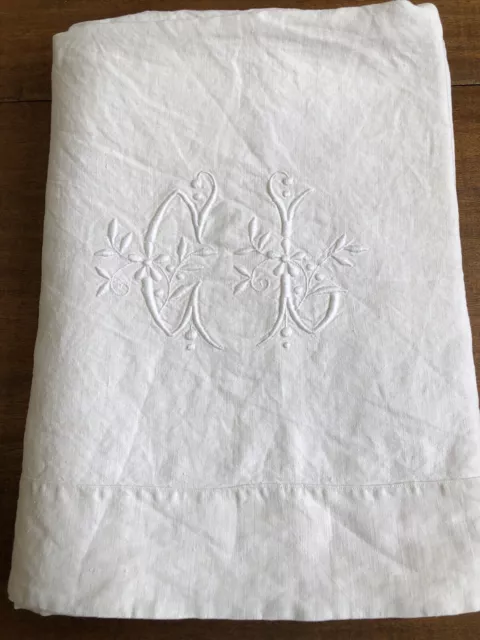 Antique French Pure Fil Linen Sheet Whitework Embroidery "CI" Monogram King