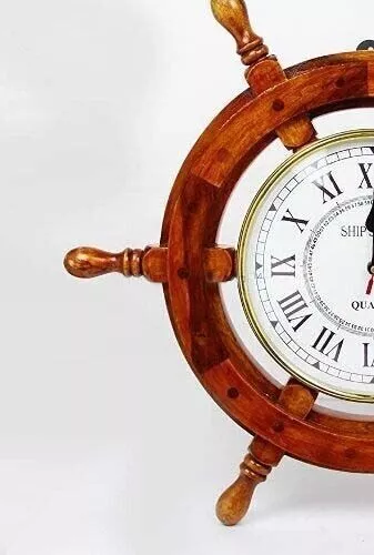 18" Solid Wood & Brass Ship Wheel Wall Clock Porthole Nautical Decor Ship wheel 3