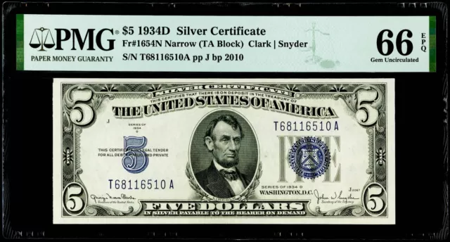 $5 1934D Silver Certificate Fr#1654N Narrow PMG 66 EPQ Gem Uncirculated
