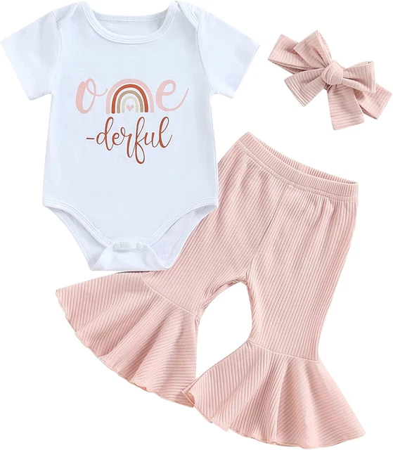 Baby Girl Short Sleeve Romper T-Shirt Tops Bell Bottom Pants Set One Year Old Bi