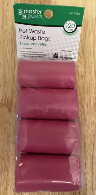 120 Poop Bags Pet Dog Waste Refill Pink Bags in Roll New in Pkg Master Paws Dog