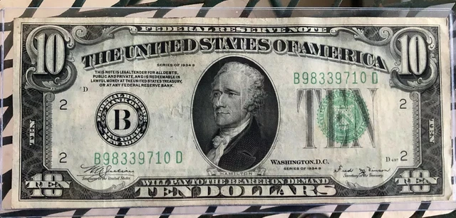 LIMITED 1934-B $10 DOLLAR BILL FEDERAL RESERVE NOTE-NY*Very GoodFR 2007-B