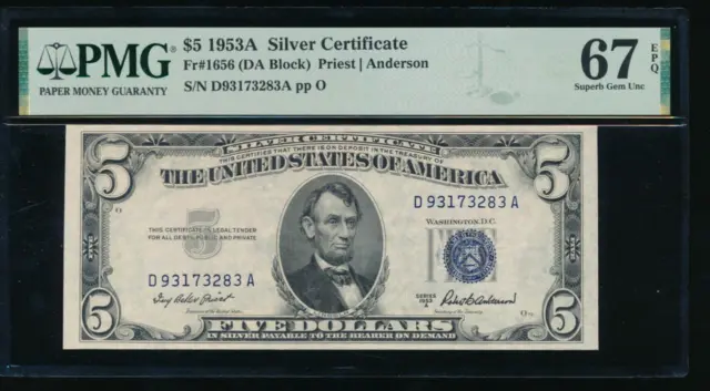 AC 1953A $5 Silver Certificate PMG 67 EPQ D-A block superb gem Fr 1656