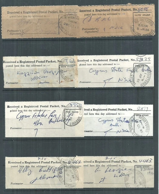 Cyprus Lot Of 8 Different Receipts Of Registered Packets