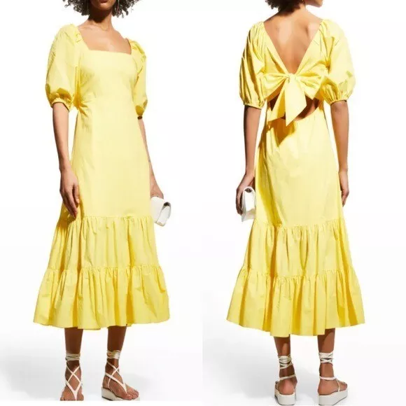 NWT Tanya Taylor Cynthia Puff Sleeve Open Back Midi Dress Yellow 10 Retail $475