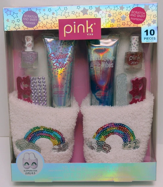Pink Viva Corazón Arco Iris 10 Piezas Juego de Regalo Zapatillas de Baño Esmalte de Uñas Crema de Manos