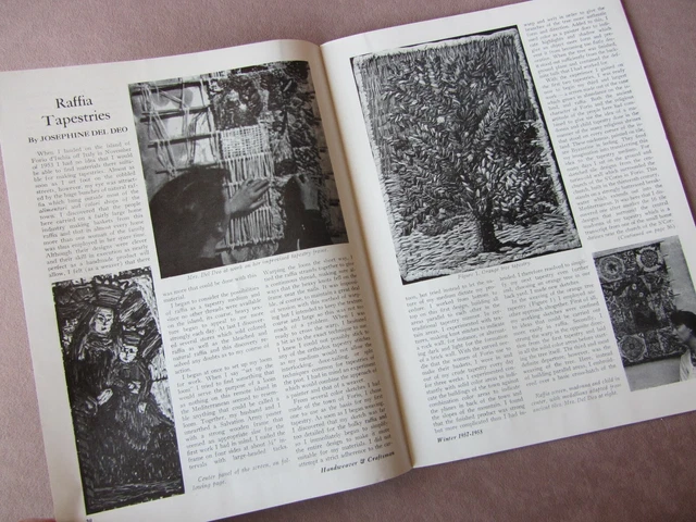 1957 Handweaver Magazine Raffia Tapices 4 arneses Damasco anudados + alfombras mechonadas