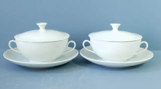 Bing & Grondahl Copenhagen Pottery White Soup bowls with lids and saucers x 2