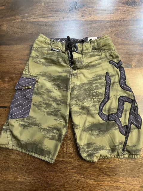 Fox Board Shorts- Deluxe Boardies Surf Swim Trunks Army Green Camo ODG; Mens 28