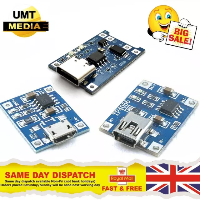 Mini, Micro or USB-C TP4056 5V USB Lithium Battery Board Charger Module Arduino