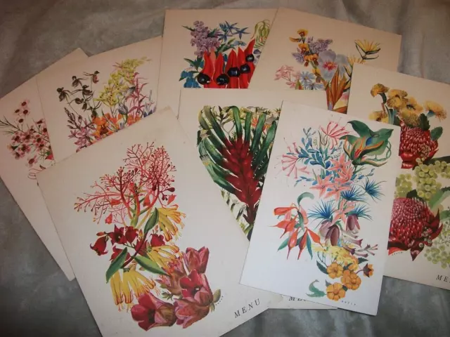 P & O Line. 8 Original Menu Cards From 1961. S.s. Arcadia. "Australian Flowers"