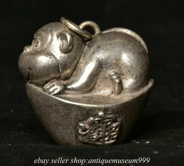 1.4" Old Chinese Silver Fengshui 12 Zodiac Year Monkey Yuan Bao Statue Pendant