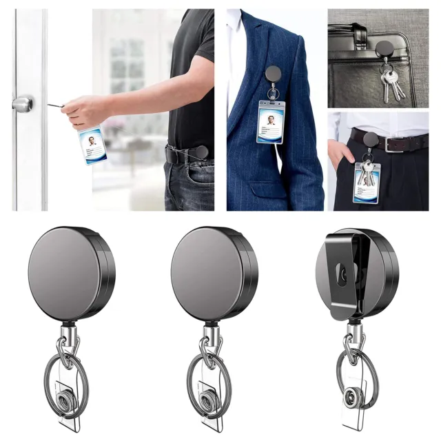 3x Badge Reel Pull Keychain Porte-carte D'identité Rétractable Clips