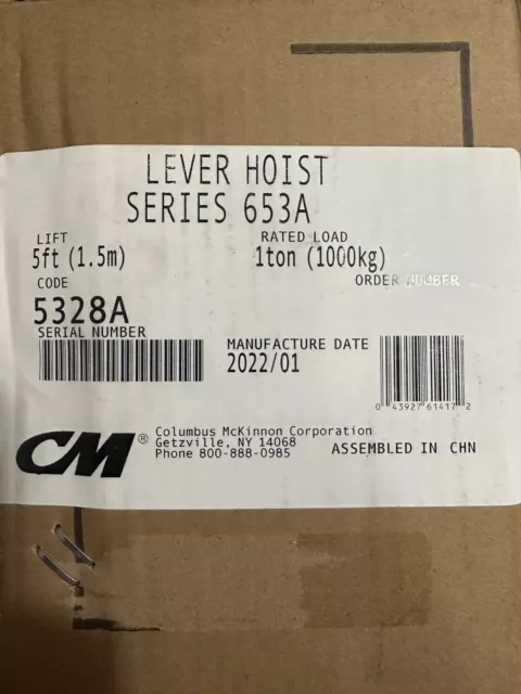 CM Columbus McKinnon 5328A 1 Ton 2000 Lb Capacity, 5ft Lift, Manual Lever Hoist