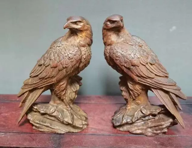 GY076a-  14 X 9 x 6  CM  Boxwood Carving Figurine Statue : AmazingPair of Eagles