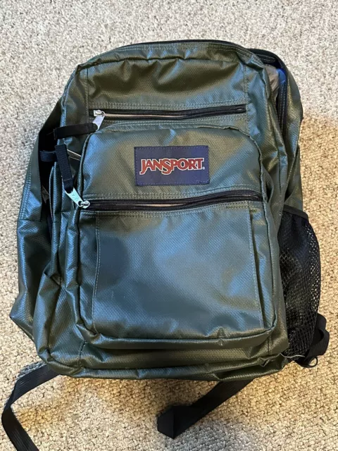 JanSport Big Student Cool Army Green Vinyl Backpack - Lots of Pockets NEW