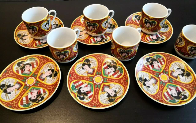 JAPAN VINTAGE GEISHA Tanaka Porcelain 12pc set Tea Coffee 6 Cup 6 ...