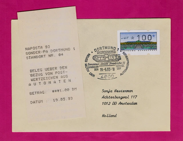 Amsterdam-FDC Sonder-AQ NAPOSTA 19.5.93 EF „Schloß Sanssouci“ ERSTTAG "Neue ATM"