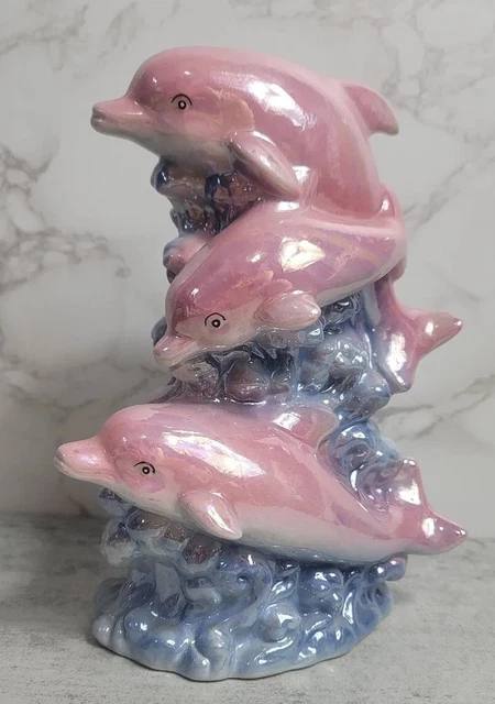 Dolphin Figurine Iridescent Blue Pink Wave Vintage Y2K Dolphins Cermaic 90s