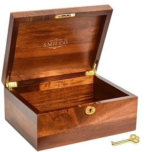 Wooden Box with Hinged Lid Acacia Wood Decorative Storage Boxes Hand-Crafted