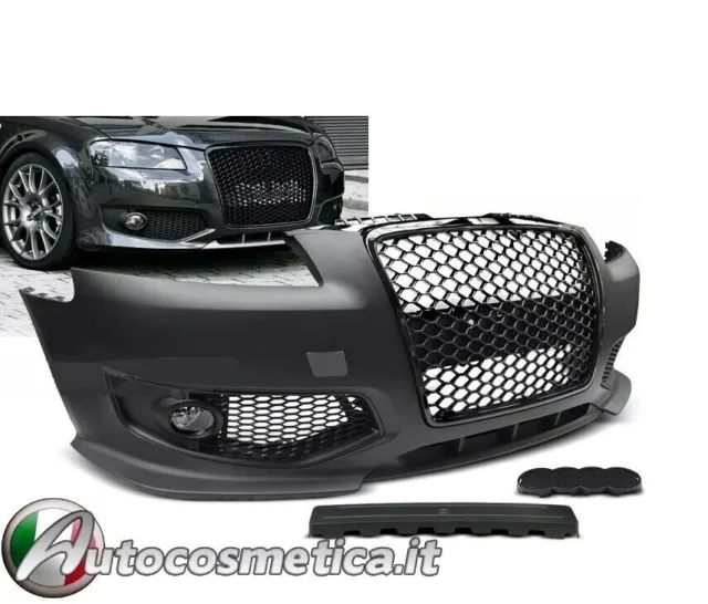 Paraurti Anteriore Per Audi A3 8P 05-08 Rs3 Look Nero Spoiler Kit Completo