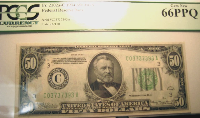 1934 $50 DGS FEDERAL RESERVE NOTE FR.# 2102a-C PHILADELPHIA GEM PCGS 66 PPQ