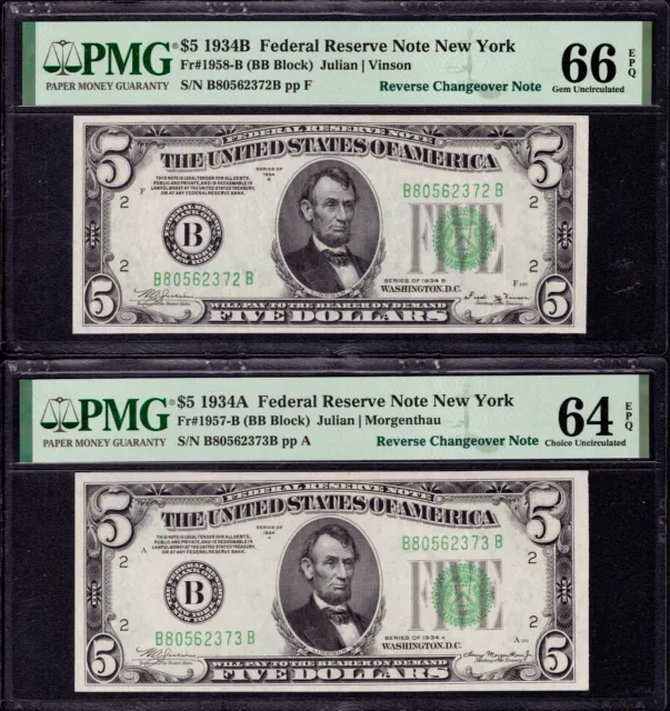 1934 B A$5 Federal Reserve Changeover Note Pair Fr.1958/1957-B Pmg Cu 66/64 Epq