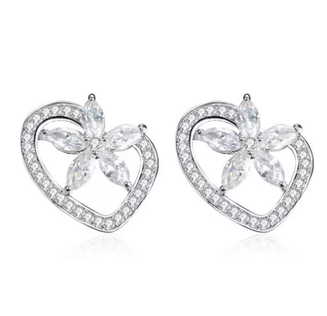 Sterling silver heart cubic zirconia micropave crystal flower stud earrings P21