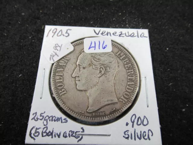 1905 Venezula  5 Bolivar .835 Silver Coins Very Hi Grade= #44