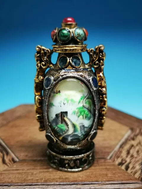 .Copper Inlaid Turquoise Gem Cloisonne Glaze Great Wall Beasts Snuff Bottle A07