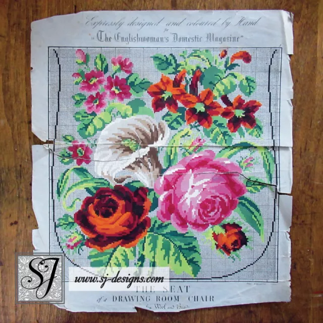 19th century hand painted Berlin Work needlepoint pattern Roses Arum Lily chair