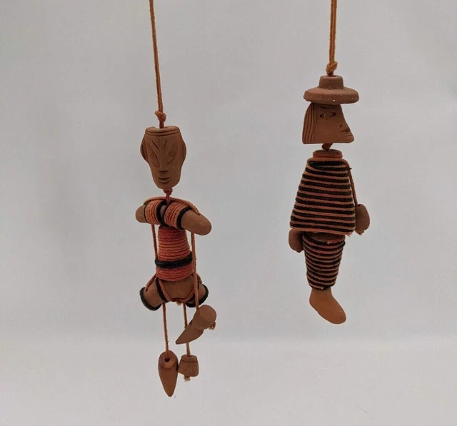 Hand Crafted Carved Terracotta Clay Hanging Figurines, String Clothing, 6"
