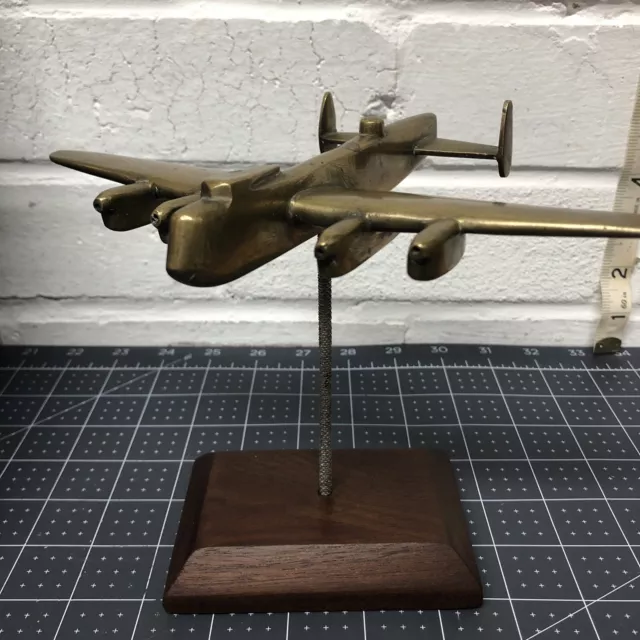 WW11 Solid Brass ￼Lancaster Bomber Plane On Stand Home Office Desk Art