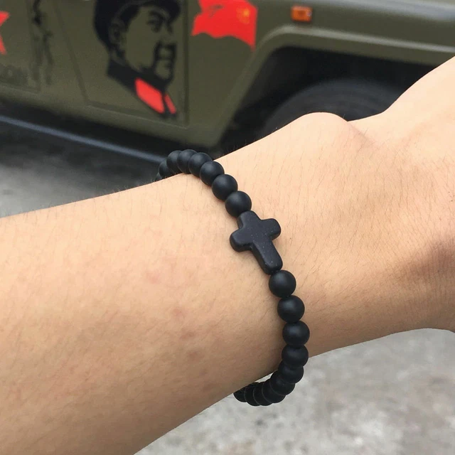 8mm Frosted Onyx Stone Cross Beaded Bracelet 7.5" cuff Bless pray yoga Bead