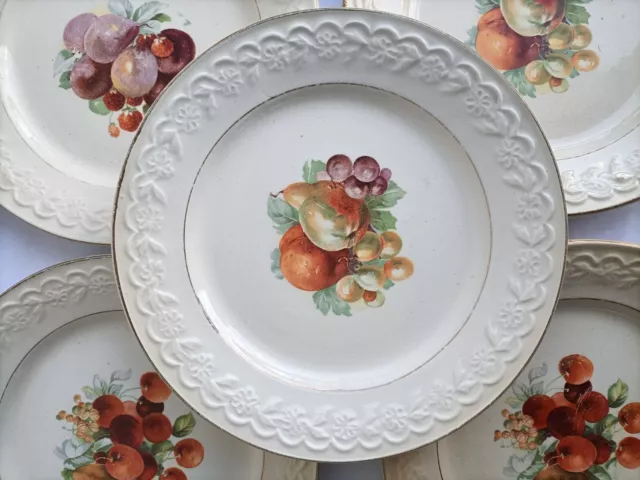 Lot de 5 assiettes vintage fruits/Porcelaine francaise/Assiette à dessert