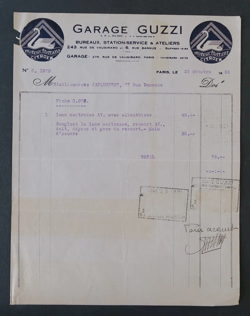 FACTURE PARIS 1936 GARAGE GUZZI CITROEN moteur flottant automobilia