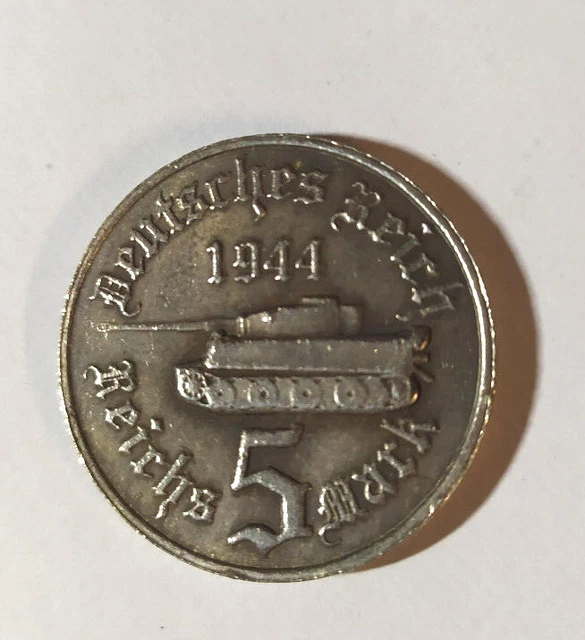 Piece Hitler 1944 5RM Reichsmark Coin Tank Char Panzer ww2 