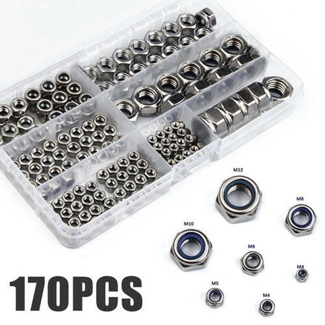 170Pcs/Set Nylon Lock Nuts & Storage Box M3 M4 M6 M8 M10 M12 Insert Kit AU NEW