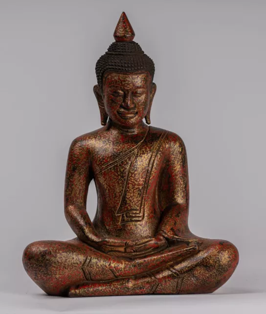 Antique Khmer Style Wood Seated Buddha Statue Dhyana Meditation Mudra - 32cm/13"