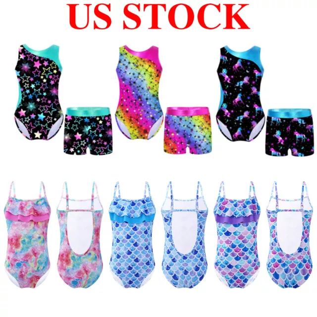 US Kids Ballet Dance Outfits Sleeveless Print Leotard + Shorts Swimsuit Swimwear