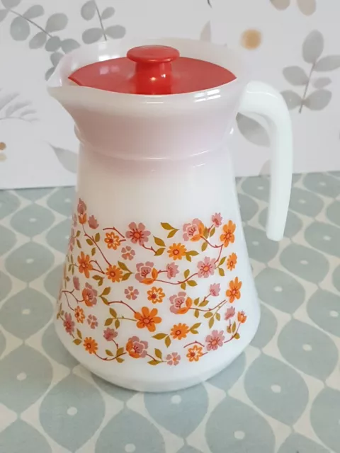 Vintage Retro Pyrex Arcopal Scania French Jug & Lid White Orange Flowers Design